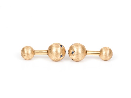 14k Yellow Gold Beautiful Brushed Sapphire Studded Barbell Cufflinks, App. 0.35 TCW
