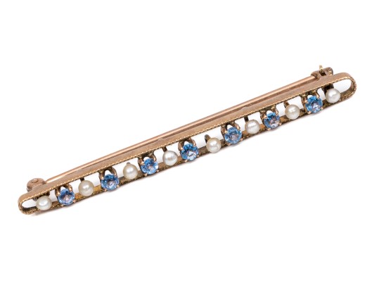 10k Gold Vintage Beautiful Light Blue Sapphire And Seed Pearl Bar Pin