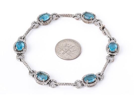 14k White Gold White Sapphire And Blue Glass Halo Link Bracelet