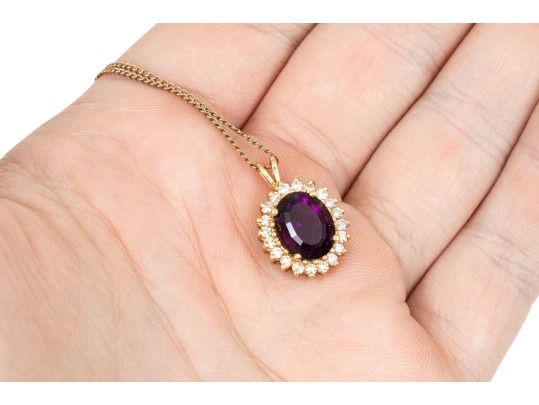 14k Yellow Gold Vintage Oval Amethyst And Diamond Halo Pendant, With Chain