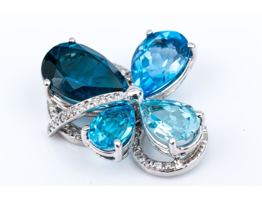 14k White Gold Beautiful Multi Toned Blue Topaz And Diamond Contemporary Cluster Pendant