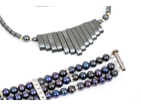 Fun Lot Of Cultured Black Freshwater Pearl Necklace And Bracelets, With A Hematite Necklace