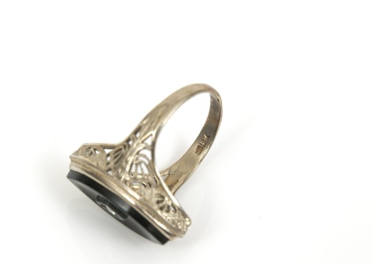 18k White Gold Antique Navette Profile Black Onyx Ring, Size 4.25, Diamond Center