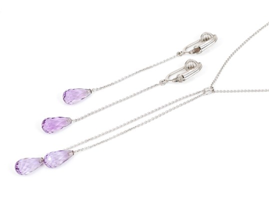 14k White Gold Pretty Purple Amethyst Briolette Necklace And Earrings Set