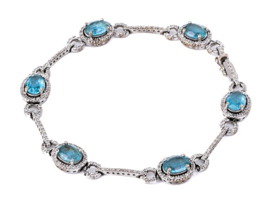 14k White Gold White Sapphire And Blue Glass Halo Link Bracelet