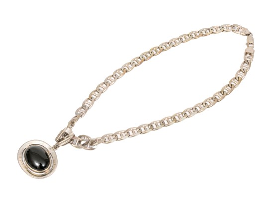 Sterling Silver Chunky Mariners Link Chain Necklace, With Contemporary Bold Black Onyx Pendant