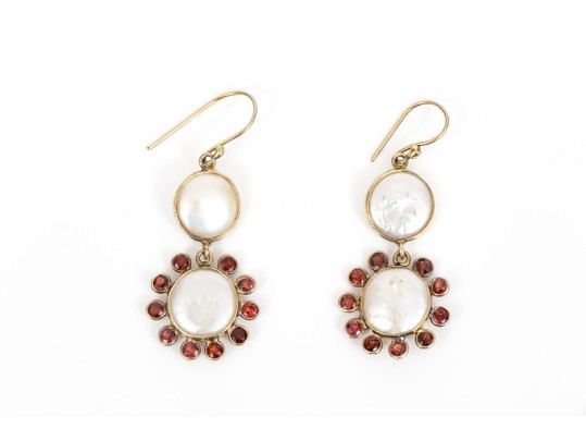 Sterling Vermeil Whimsical Cultured Freshwater Pearl And Garnet Flower Earrings