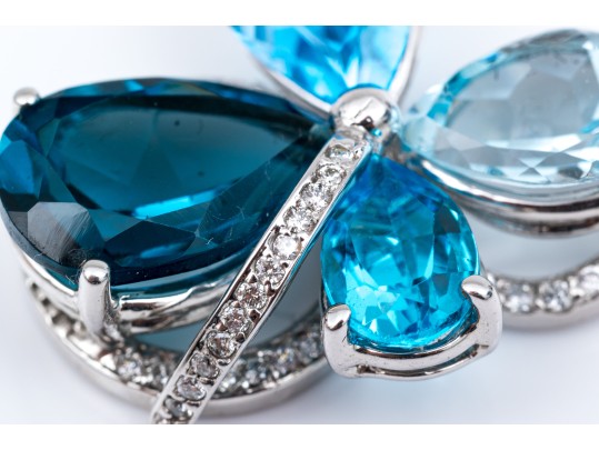 14k White Gold Beautiful Multi Toned Blue Topaz And Diamond Contemporary Cluster Pendant