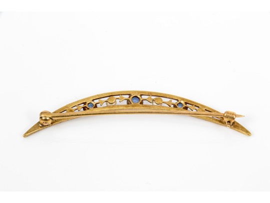 14k Yellow Gold Beautiful Vintage Seed Pearl And Sapphire Half Moon Brooch