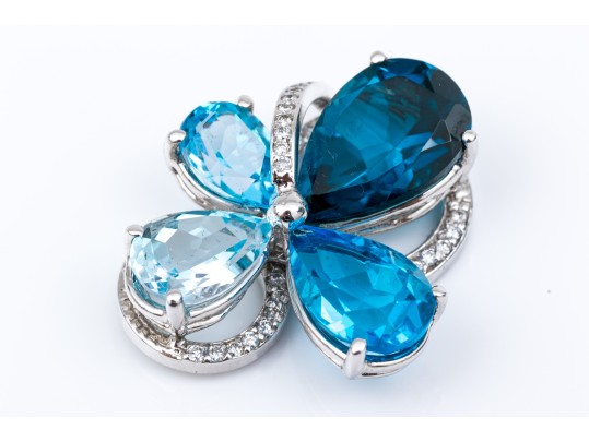 14k White Gold Beautiful Multi Toned Blue Topaz And Diamond Contemporary Cluster Pendant