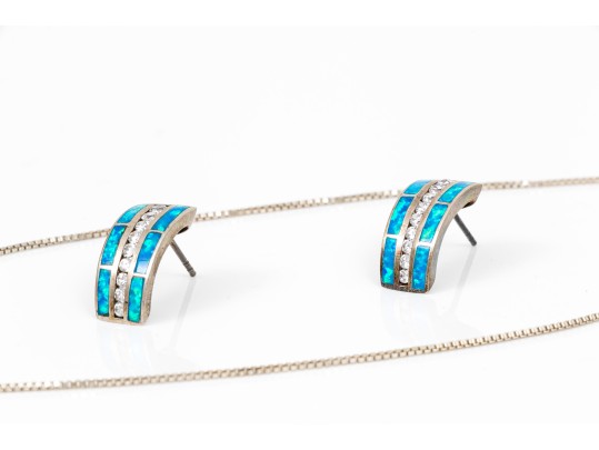 Pair Of Complementary Sterling Silver Opal Mosaic Set Earrings And Pendant, With Chain