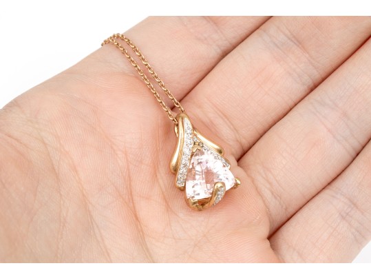 14k Rose Gold Beautiful Pink Morganite Trillion Diamond Set Swirl Pendant, With Chain