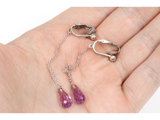 14k White Gold Pretty Purple Amethyst Briolette Necklace And Earrings Set