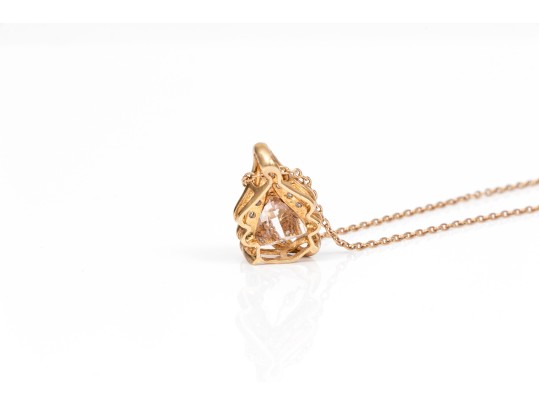 14k Rose Gold Beautiful Pink Morganite Trillion Diamond Set Swirl Pendant, With Chain