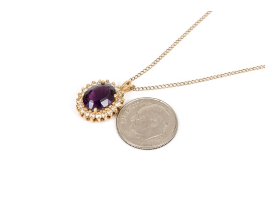14k Yellow Gold Vintage Oval Amethyst And Diamond Halo Pendant, With Chain