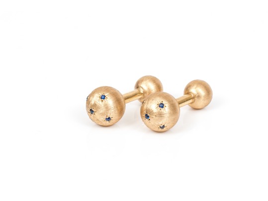 14k Yellow Gold Beautiful Brushed Sapphire Studded Barbell Cufflinks, App. 0.35 TCW