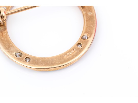 14k Yellow Gold Handsome Vintage Black Enamel And Diamonds Circle Pin