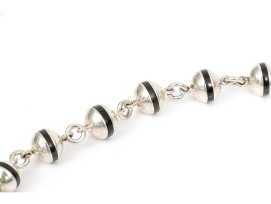 Sterling Silver Fabulous Long Black Enamel Striped Ball Necklace