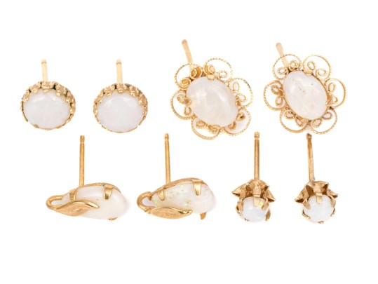 10k Gold Collection Of White Opal Stud Earrings, Posts With No Clutches