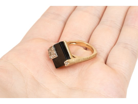 14k Yellow Gold Contemporary Diamond Profile Black Onyx Ring, Size 6.75, Diamond Set
