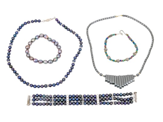 Fun Lot Of Cultured Black Freshwater Pearl Necklace And Bracelets, With A Hematite Necklace