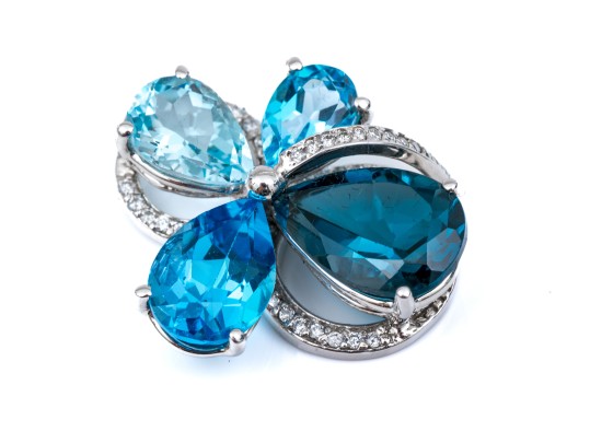 14k White Gold Beautiful Multi Toned Blue Topaz And Diamond Contemporary Cluster Pendant