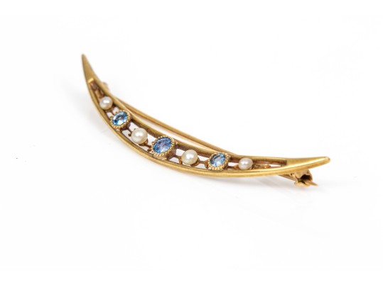 14k Yellow Gold Beautiful Vintage Seed Pearl And Sapphire Half Moon Brooch