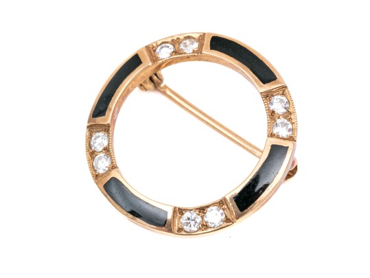 14k Yellow Gold Handsome Vintage Black Enamel And Diamonds Circle Pin