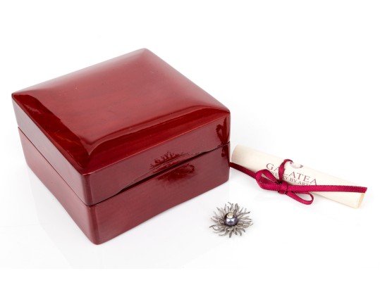 Galatea 14k White Gold Lovely Diamond Set Black Cultured Pearl Aster Motif Pendant