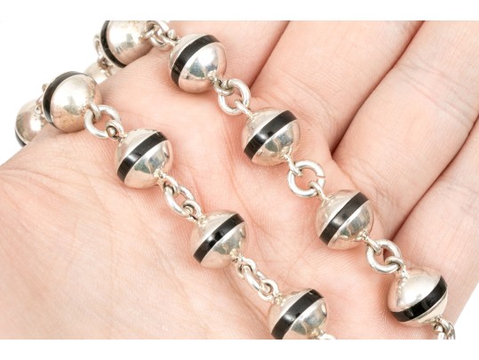 Sterling Silver Fabulous Long Black Enamel Striped Ball Necklace