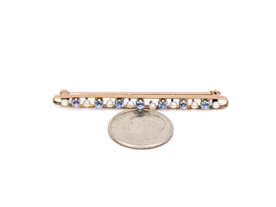 10k Gold Vintage Beautiful Light Blue Sapphire And Seed Pearl Bar Pin