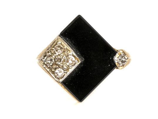 14k Yellow Gold Contemporary Diamond Profile Black Onyx Ring, Size 6.75, Diamond Set