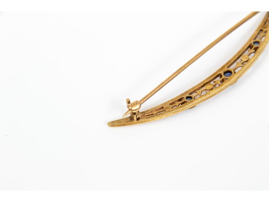 14k Yellow Gold Beautiful Vintage Seed Pearl And Sapphire Half Moon Brooch