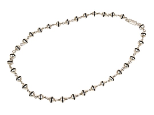 Sterling Silver Fabulous Long Black Enamel Striped Ball Necklace