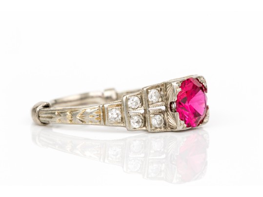 18k White Gold Antique Stepped Diamond Set Ring, Size 5.75+