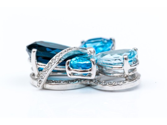 14k White Gold Beautiful Multi Toned Blue Topaz And Diamond Contemporary Cluster Pendant