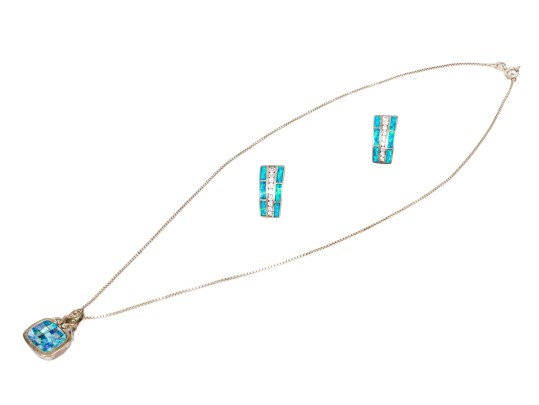 Pair Of Complementary Sterling Silver Opal Mosaic Set Earrings And Pendant, With Chain