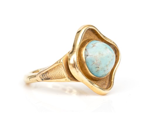 14k Yellow Gold Fabulous Contemporary Amazonite Quatrefoil Motif Ring, Size 7.75+ With Fingermate