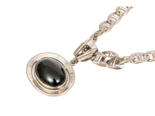 Sterling Silver Chunky Mariners Link Chain Necklace, With Contemporary Bold Black Onyx Pendant