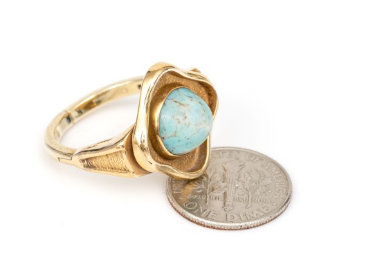 14k Yellow Gold Fabulous Contemporary Amazonite Quatrefoil Motif Ring, Size 7.75+ With Fingermate