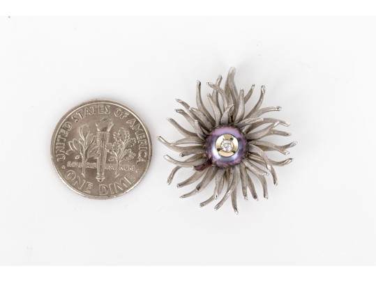 Galatea 14k White Gold Lovely Diamond Set Black Cultured Pearl Aster Motif Pendant