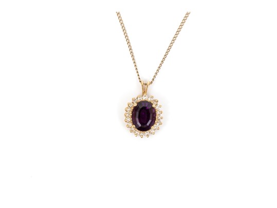 14k Yellow Gold Vintage Oval Amethyst And Diamond Halo Pendant, With Chain