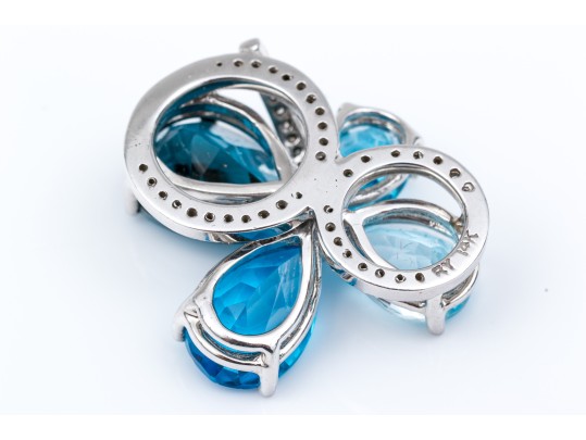 14k White Gold Beautiful Multi Toned Blue Topaz And Diamond Contemporary Cluster Pendant