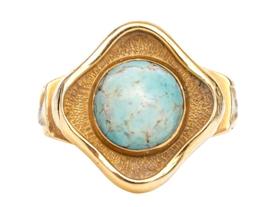 14k Yellow Gold Fabulous Contemporary Amazonite Quatrefoil Motif Ring, Size 7.75+ With Fingermate