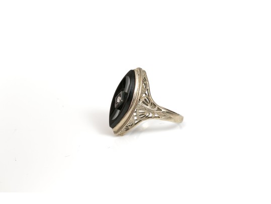 18k White Gold Antique Navette Profile Black Onyx Ring, Size 4.25, Diamond Center