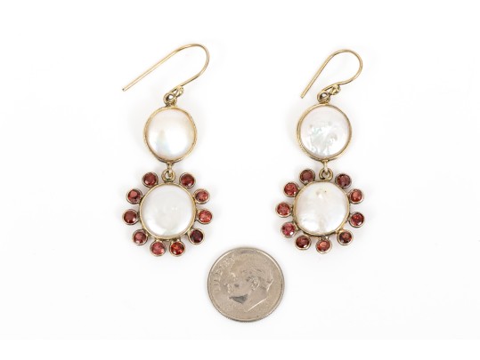 Sterling Vermeil Whimsical Cultured Freshwater Pearl And Garnet Flower Earrings