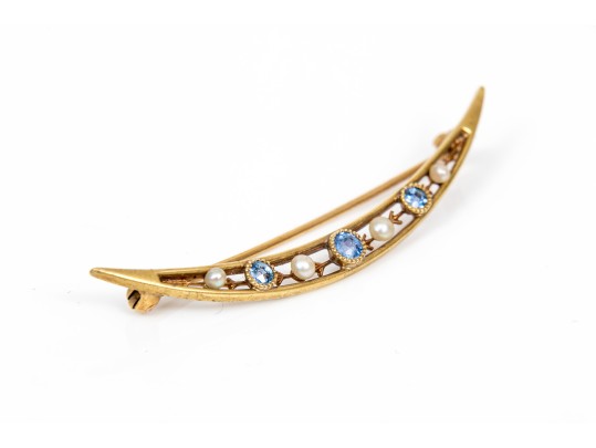 14k Yellow Gold Beautiful Vintage Seed Pearl And Sapphire Half Moon Brooch