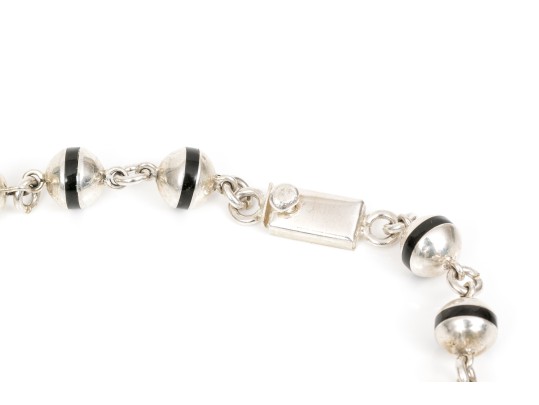 Sterling Silver Fabulous Long Black Enamel Striped Ball Necklace