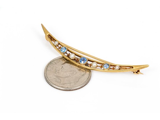 14k Yellow Gold Beautiful Vintage Seed Pearl And Sapphire Half Moon Brooch
