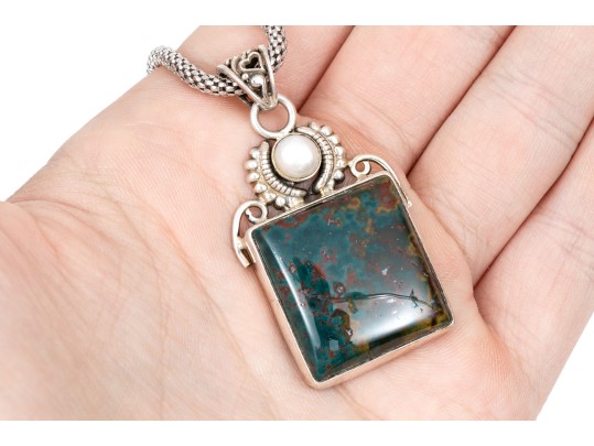 Sterling Silver Mesh Necklace, With A Handsome Bloodstone Pendant